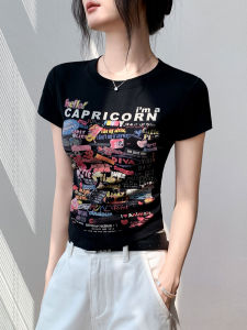 GEBEISHANG | 3D Digital Print Slim-Fitting Short Sleeve T-Shirt for Petite Women