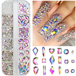 12 Grids 3D Green Glass Nail Art Rhinestones Mixed Round Heart Butterfly Flower Drop Nails Charms DIY Crafts Manicure Accessorie