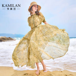 Kamilan French Vacation Silk Dress Womens New Summer Beautiful A-Line Skirt Polyester Fiber Bubble Sleeve Loose Waist Print Dress