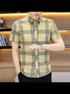 Kemeja Lengan Pendek Pria Kemeja Kasual Bisnis Netral Musim Panas untuk Lelaki Kemeja Bergaris Versi Korea Kotak-Kotak terbaru kekinian