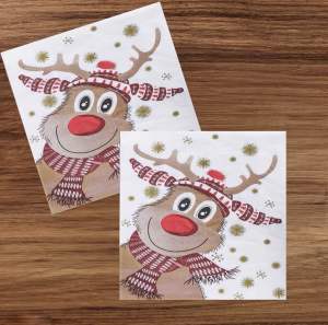 Party Dinner Napkin Serviette Disposable Paper Tissue - Christmas Xmas Reindeer Red Shiny Nose Smiley Rudolph  [NSP153]