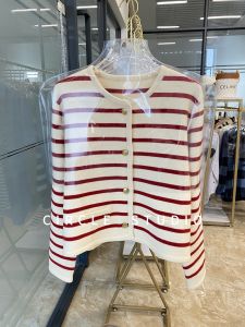 เสื้อคาร์ดิแกนถักคอตตอนลายทางสั้นสุดเก๋ไก๋สำหรับฤดูใบไม้ผลิและฤดูใบไม้ร่วง ทรงสลิมฟิต เสื้อคลุมยาวปานกลาง ปกติ