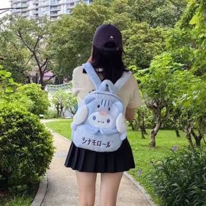 Cute Large Capacity Meowth Double Shoulder Bag for Junior High School Children Plush Material Can Hold A4 Books Girls Backpack