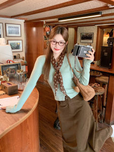 Korean Style Mint Green Short Length Long Sleeve Fitted Knitwear