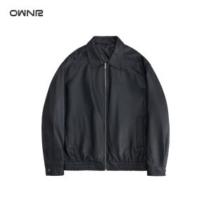Ownr Green Matte Finish Short Loose Leather Jacket Mens 2025 Autumn New Style Flip Collar Biker Coat Korean Style Casual