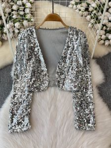 Shiny Sequin Slim Fit Long Sleeve Jacket Short Style Womens Top Fashionable Autumn Winter Commute Look V-Neck Open Cardigan