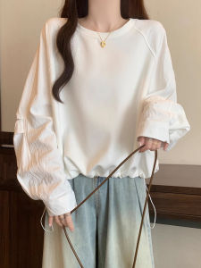 เสื้อฮู้ดสีขาวแขนยาวมีเชือกผูก ทรงหลวม สำหรับผู้หญิงไซส์ใหญ่ เสื้อชั้นในฤดูใบไม้ร่วงปี 2025 เสื้อผ้าทำงานสไตล์เกาหลี คอลเลกชันใหม่