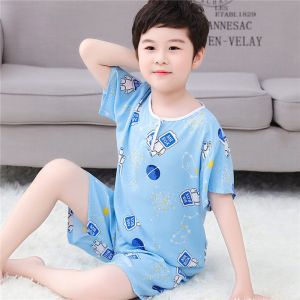 ชุดนอนผ้าไหมคอตตอนเด็กฤดูร้อน ชุดนอนผ้าไหมบาง แขนสั้น กางเกงขาสั้น ชุดนอนเด็กชายและเด็กหญิง ชุดนอนเด็กผ้าไหมคอตตอนบาง