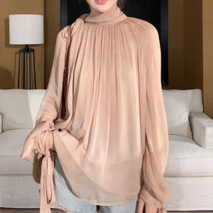 SHUAIYUE | Áo Sơ Mi Dài Tay Màu Đơn Nữ Kiểu Cà Vạt Nơ Pháp