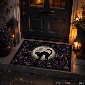 VIKAMA Magic Black Cat Halloween Doormat Non Slip Indoor Outdoor Rug Witch Gothic Spooky Front Entrance Door Mat