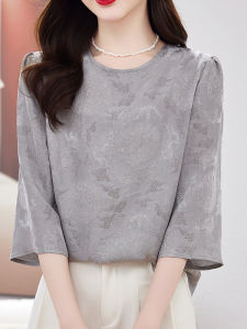 NVSHENJI | Silk Round Neck Shirt Womens Top Spring Summer New Style Elegant Embroidery Hangzhou Mulberry Silk Anti-Aging Mid-Sleeve Small Shirt