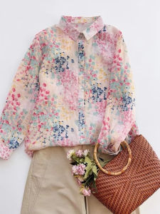 Retro Floral Print Loose Cotton Linen Shirt Womens Fashionable Ageless Versatile Thin Printed Top Trendy Commute Spring Long Sleeve Polo Collar