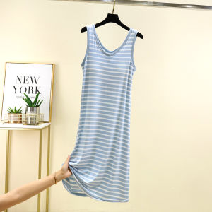 Casual Modal Vest Dress Summer Thin Home Striped Sleepwear Large Size Loose Can Be Worn outside Leisure Long Dress