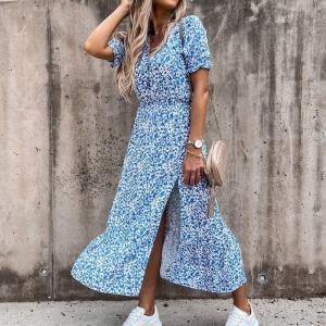 ยุโรป สไตล์วันหยุด ลายดอก เดรส แขนสั้น คอวี ดอกไม้ชายหาด กระโปรง ความยาวปานกลาง ทรงเอ Silhouette High เอว