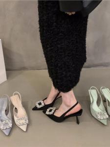 Christy Kathy French Diamond Toe High Heels Sandals Womens Fashionable Low Cut PU Upgraded Glueing Process Rubber Outsole