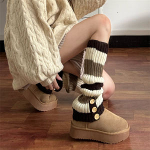 Y2k Millennium ลายทาง ถุงเท้าถักทรงขาบล็อกสีถุงเท้าน่องป้องกันเข่าสูง หวาน สไตล์ หนาขึ้น ถุงเท้าบ้าน
