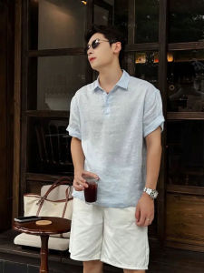 Light Blue Linen Short Sleeve Polo Shirt Men Summer Thin Style Retro Wealthy Feel High End Shirt Collar T-Shirt Upper Body