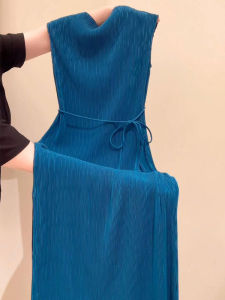 YUFUQING | Elegant Blue Sleeveless Long Dress Womens Summer Pleated Slimming High Waist A-Line Vest Dress Casual Round Neck GZY3994