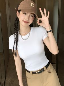 Chun Bai Womens Short Sleeve T-shirt Pure Color Slim Fit Round Neck Summer Casual Work Clothing Minimalist Style