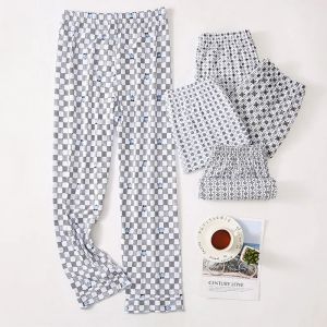 Mens Pajama Trousers Knitted Cotton Thick Home Overweight Man Loose Plaid plus Size Fat Guy Pants Summer Air Conditioning Pants Sleep