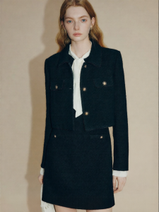 FAMANXUAN | French Style Wool Tweed Short Jacket Black