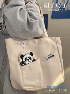 Japanese Style Sundries Canvas Bag Female K-style Cute Panda Young Adult Student Handheld Shoulder Bag Large Capacity Totes