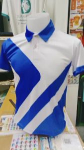 เสื้อโปโลพิมพ์ลาย6 ลายซับลิเมชั่น สีฟ้าตัดขาว