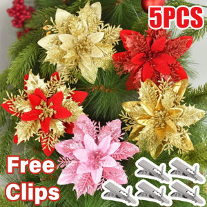 【Free Clips】5Pcs 14cm Glitter Artificial Christmas Flowers Xmas Tree Ornaments Merry Christmas Decorations for Home New Year Gift