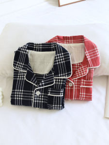 ชุดนอนลายสก๊อตใหญ่สไตล์ญี่ปุ่นสำหรับเด็กผ้าสักหลาดผ้าฝ้ายแท้สำหรับฤดูใบไม้ผลิและฤดูใบไม้ร่วงชุดครอบครัวสำหรับเด็กชายและเด็กหญิงชุดใส่ในบ้านชุดคู่รัก