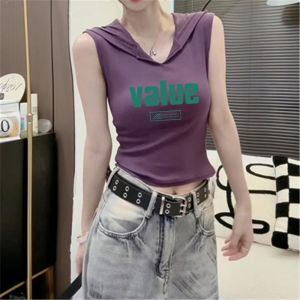 American Retro Print Sleeveless Hoodie Womens Spicy Summer New Design Slim Fit Vest Top Commute Style Short Length T-Shirt