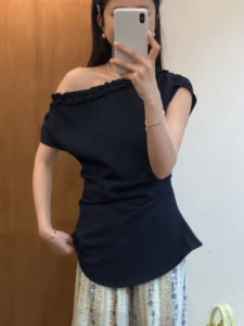 YUEZHONGWEI | French Style Irregular Wood Grain Ruffle Shoulder Short Sleeve Shirt Women Summer Unique Beautiful Waist Design Slim Fit Top