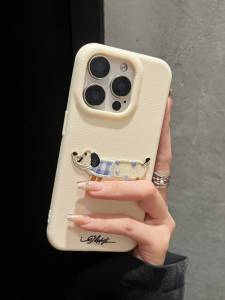 Apple 16Promax Phone Case Iphone 15Pro Leather Texture 14Ins Antique White Embroidered Dog 13Promax New Matte 12Pro Simple 11High End Anti-Fall Protective Cover