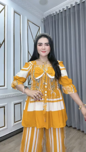 Setelan Baju Wanita Semuk Pita Salkiya Katun Rayon Celana Komprang Adem Harian