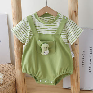 Adorable Infant Summer Short Sleeve Onesie Striped Triangle Full Moon Butt Covering Romper Cotton Fashion Set for Babies