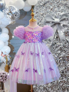 Princess Dress with Butterfly Wings Bubble Sleeve Performance Baby Girl Summer Fashionable Dress Childrens Clothing Skirt