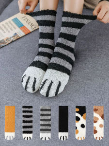 3 Pairs Of Cute Cartoon Printed Cat Claws Women In Autumn And Winter Warm And Fluffy Mid Tube Socks