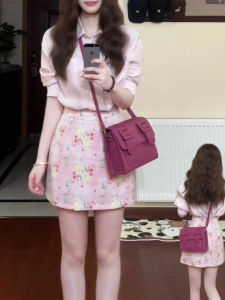 QINWEIYU | Dopamine Fashion Pink Floral Skirt Suit Set Pinched Waist Dress
