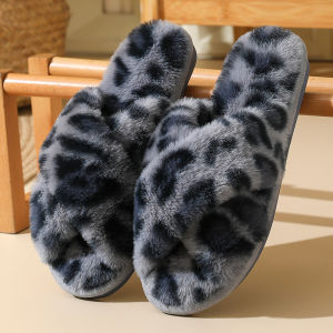 Womens Home Indoor Crossband Plush Slippers Rabbit Fur Cotton Slippers Anti-Slip Rubber Sole Simple Style Slip-On Shoes