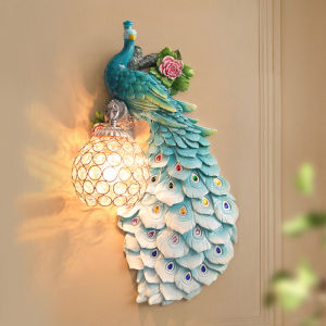 Creative Peacock Wall Lamp Decorative Lighting for Entrance Balcony Staircase Living Room Bedroom Iron Resin Crystal Light