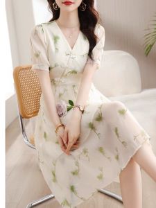 French Elegant Short Sleeve Floral Chiffon Dress