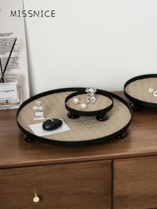 Luxurious Aroma Lamp Key Storage Rack Leather Footed Tray round Leather Perfume Tea Tray Wooden Footed Plate Home Entryway Organizer