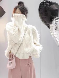 WANGGONGZHU | Tassel Knitted Short High Collar Sweater Women Autumn Winter Fashion Design Sense Niche Hole Knitwear Princess Style Top
