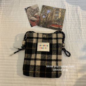 Woolen Check Pattern Bag Large Capacity Multifunctional Drawstring Adjustable Crossbody Mobile Phone Lipstick Shopping Shoulder Cosmetics Bag