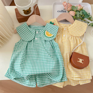 Princess Style Plaid Summer Shirt Short Sleeve Girls Baby Outfit Two Piece Set Cotton Blend Comfortable Breathable Clothing