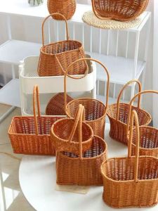Handwoven Wicker Flower Basket Iron Art Shape Fresh Flowers Green Plant Basket Small Flower Basket Living Room Decoration Ornaments