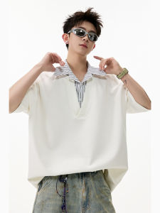 WUKONGYOUHUO | Vintage American Style Loose Striped Fake Two-Piece Polo Shirt