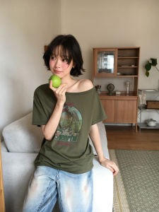 NIHAOKANONG | Áo Thun Vintage In Hình Form Rộng Dễ Thương Tùng Vai Tay Ngắn