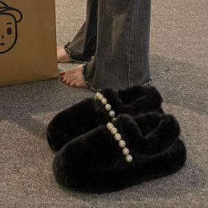 รองเท้าผู้หญิงสวมหัวแบบสวมสบายพื้นหนาสีขาวมุกฤดูใบไม้ร่วง/ฤดูหนาว รองเท้าผ้าฝ้ายอุ่นๆ ทรงหัวมน พื้นยาง