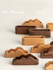 N.House Wooden Business Card Case Creative Desktop Large Capacity Display Storage Front Desk Business Card Holder Black Walnut