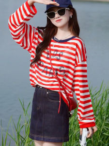 Striped Sun Protection Long Sleeve Thin T Shirt Woman Casual